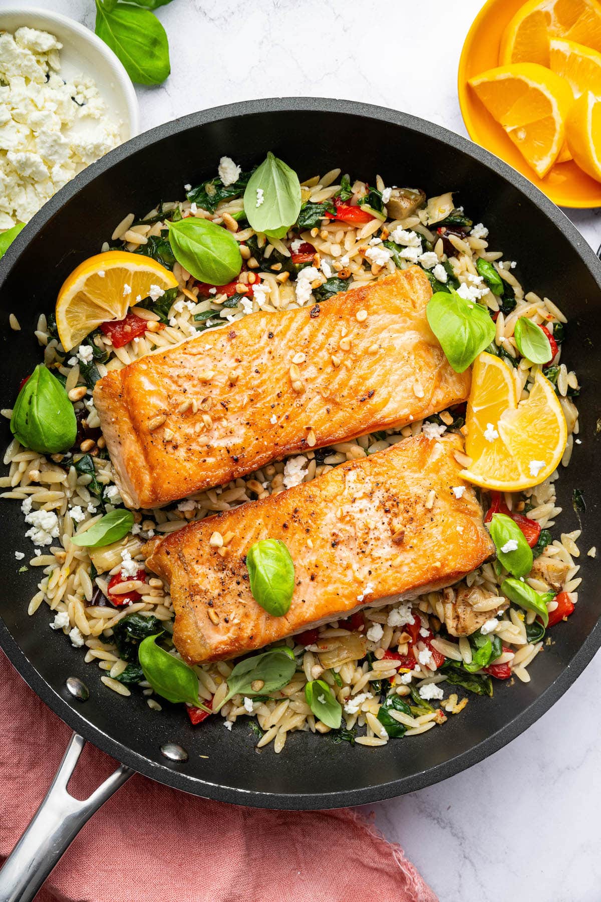 Mediterranean Salmon and Orzo Skillet